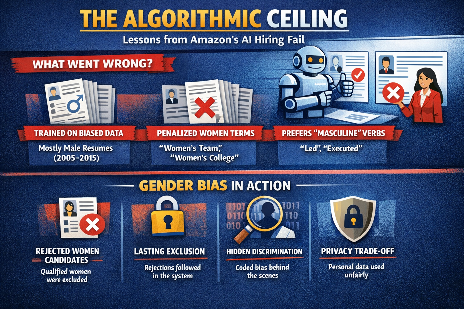 Infographic summarizing Amazon's AI hiring tool gender bias