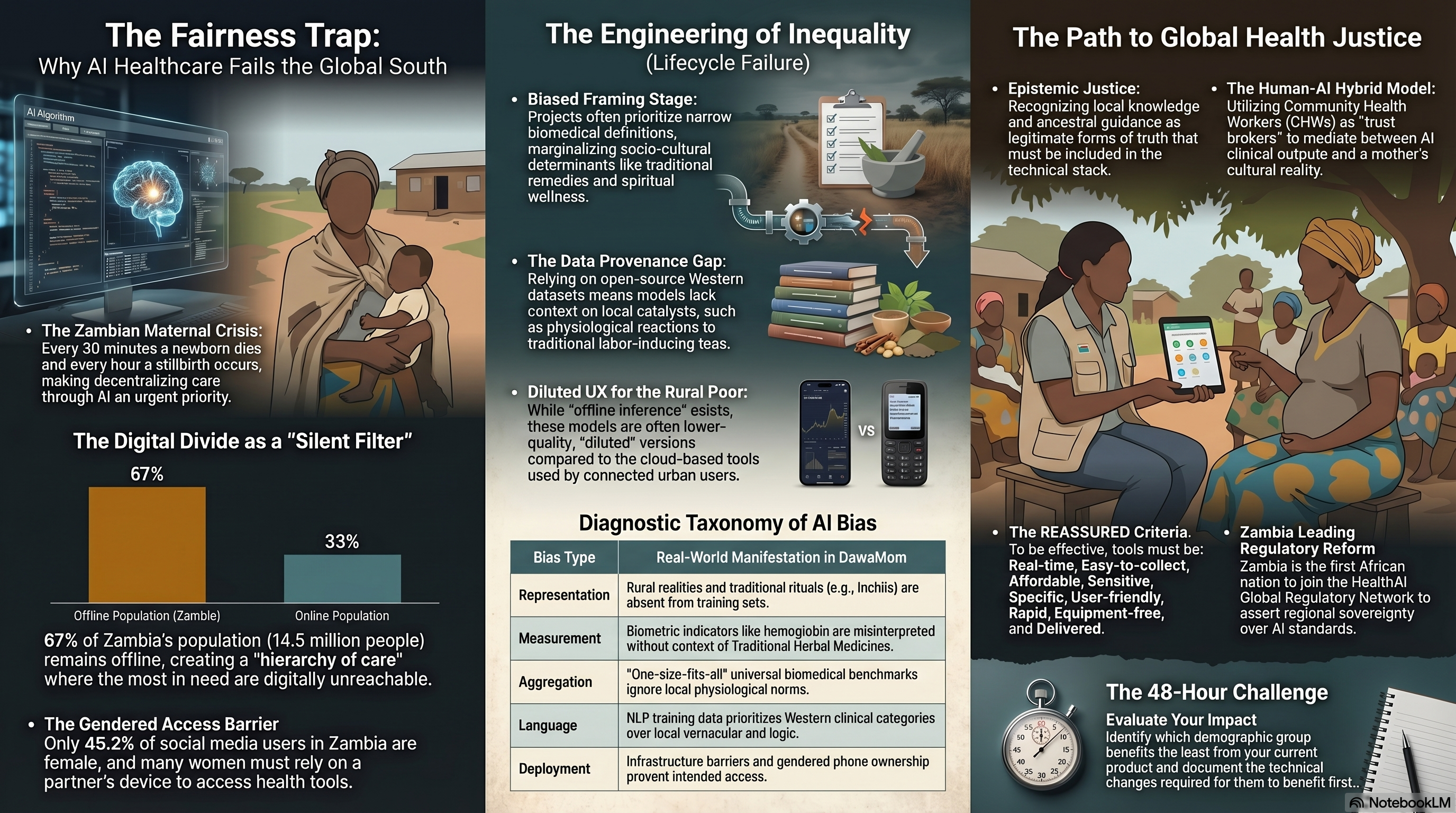 Infographic summarizing Zambia's DawaMom maternal health AI bias case